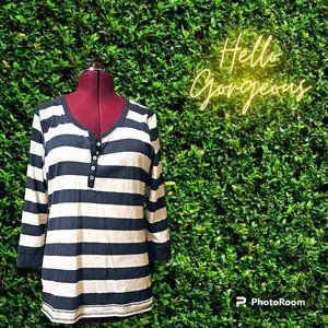 H&M Navy Blue and White Striped V Neck Henley Shirt Long Quarter Sleeves Size XL